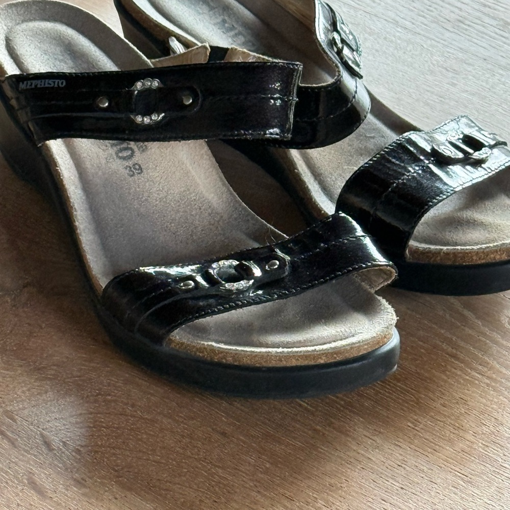 Mephisto Black Patent Slide Sandals with Buckle Detail
